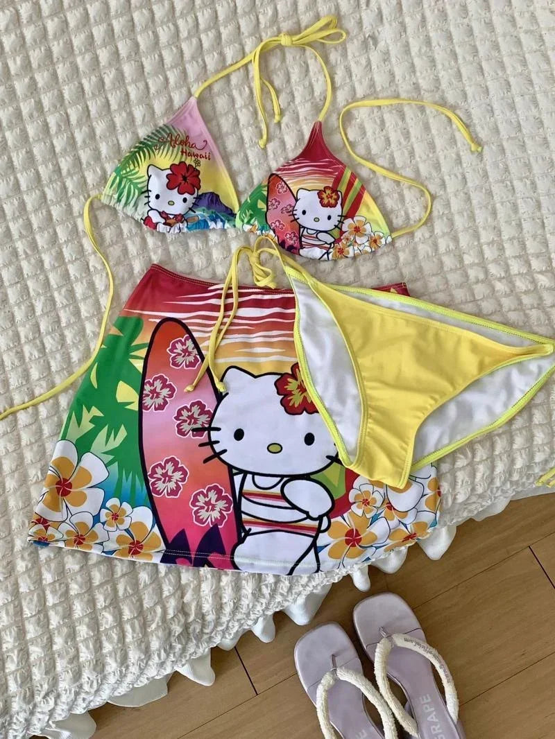 Hello Kitty Hawaii split swimsuit suit for women in summer kawaii hot girl small breasts push up bikini beach wear surfing suit