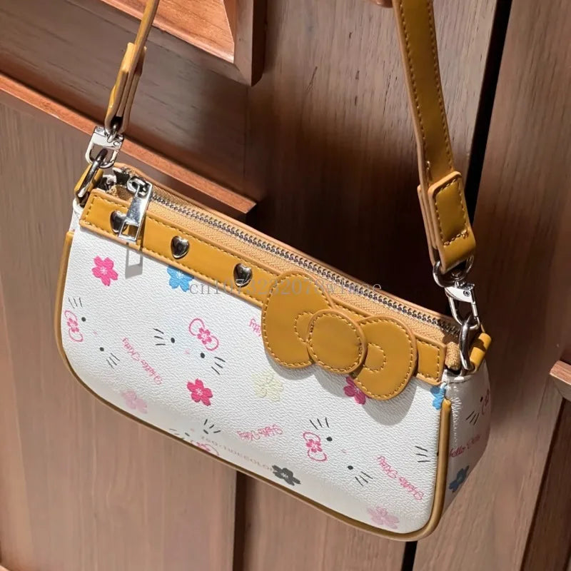 Japanese Y2k Hello Kitty Handbags Sweet Preppy Girls Underarm Bag Fashion Cartoon Bowknot Pu Lether Armpit Purse Chic Hobo Bag