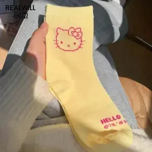 Hello Kitty Socks Pure Cotton Cute Cartoon Dopamine Mid Length Socks 2024 New Fashion Comfortable Versatile Socks Y2k