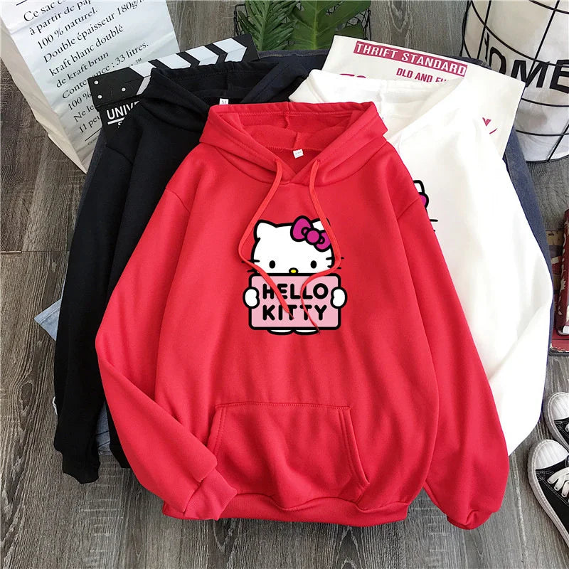 2025 New Casual Women's Sweatshirts Hello Kitty Kawaii Tops for Women Cute Hoodies Fashion Harajuku Long Sleeves Plus Siz