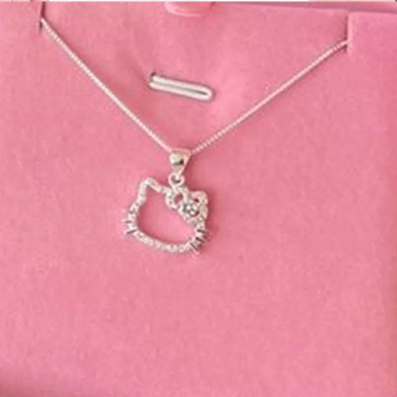 Hello Kitty Sanrio Pink Crystal Necklace Silver Alloy Anime Jewelry Chain Female Charm Valentine Accessories Girl Gift