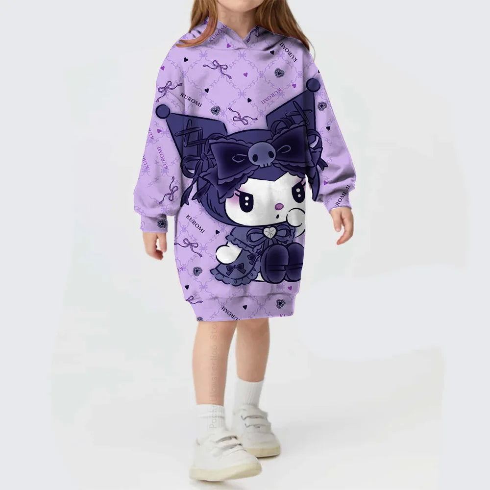 Toddler Kids Hello Kitty Kuromi print Hoodies Dresses for Girls Loose Casual Long Dress Infant Children O Neck Outfits Dress