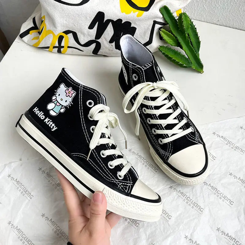 Kawaii Hello Kitty High Tops Canvas Shoes Women Student Cartoon Graffiti Skateboard Shoes Girl Preppy Versatile Sneakers