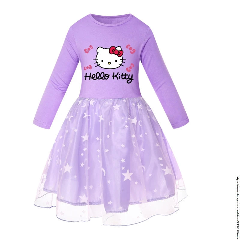 New Hello Kitty Kids Clothes Long Slevess Dresses Cotton Rainbow Full Dress Teen Cartoon Girl Clothing Party Clothes 2-7Years