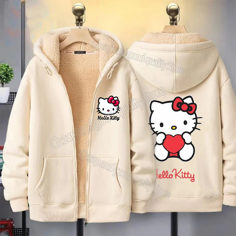 Hello Kitty Women's Zipper Hoodie Autumn and Winter New Cute Kawaii Pattern Sweatshirt Streetwear Girl Lady Clothing Coat