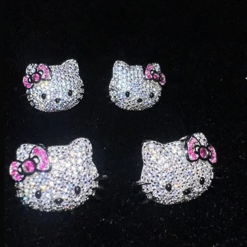 Cute Original Hello Kitty Earrings Anime Kawaii 925 Silver Full Diamond Original Fashion Couple Jewelry Ear Studs Girl Gifts