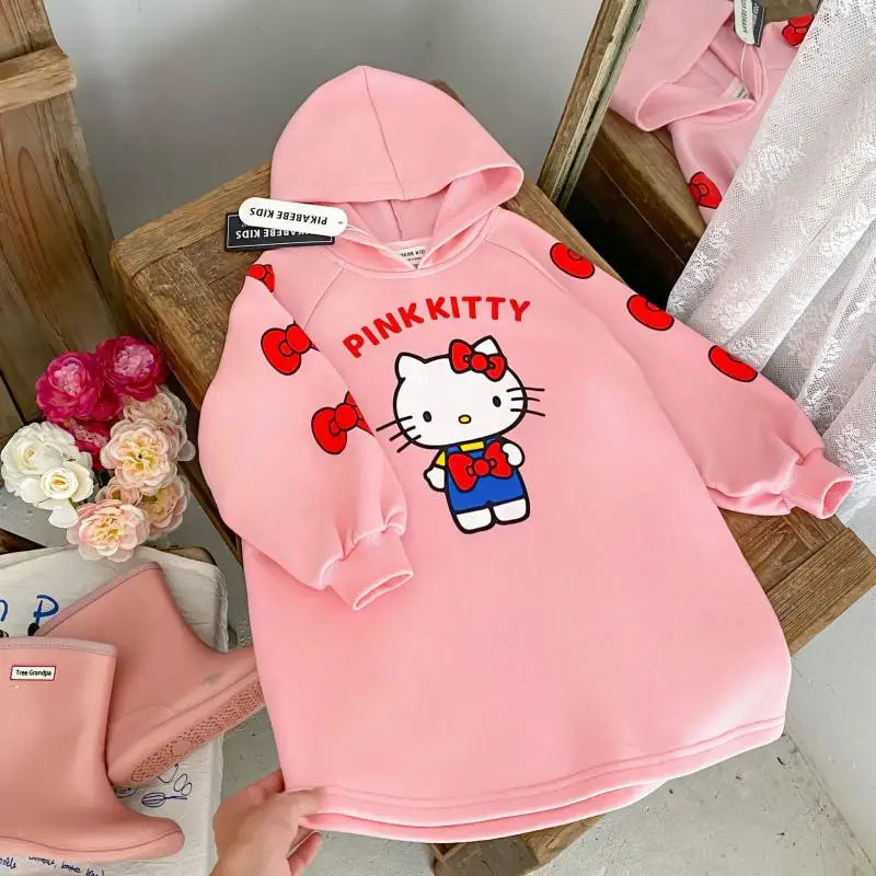 Hello Kittys Girl Hooded Sweatshirt Dress Anime Kawaii Cartoon Long Sleeves Autumn Winter Sportswear Child Clothing