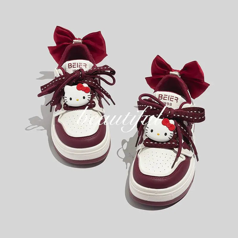 Original Hello Kitty Bow Platform shoe Off White Shoes Preppy Style Student Versatile Casual Platform Sneakers Women Shoes