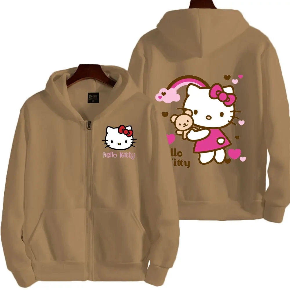 Women's Zipper Hoodie Autumn and Winter New Cute Kawaii Hello Kitty Pattern Sweatshirt 2025 Streetwear Women's Clothing