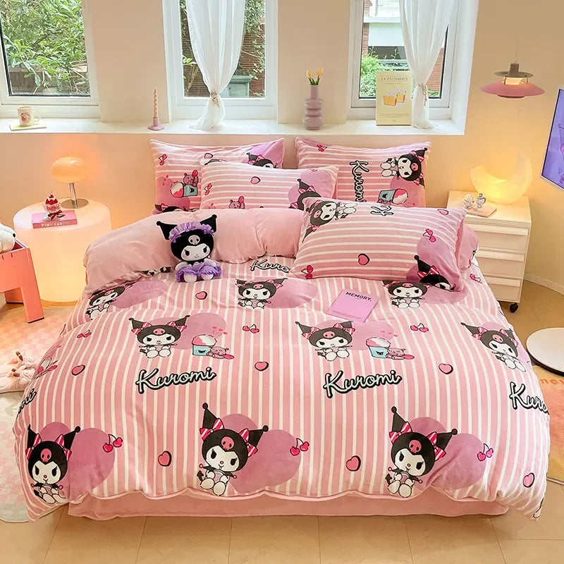 Winter Milk Velvet Bedding Set Hello Kitty Melody Kuromi Thickening Warm Flannel Queen Duvet Cover Bed Sheet Pillowcase