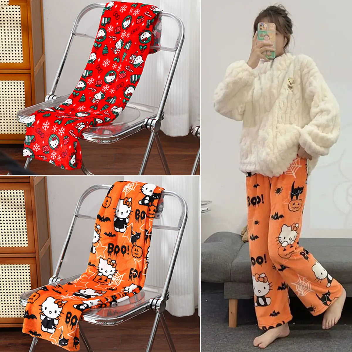 Halloween sanrio Cartoon clothing Christmas Children's Sleepy Pants Winter plush pants Hello Kitty Home Clothing Holiday gifts