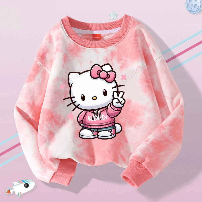 Hello Kitty Kuromi Cute Print Sweatshirts Girl Clothes Autumn Trend Tie Dyed Round Neck Pattern Children Pullover Long Sleeves