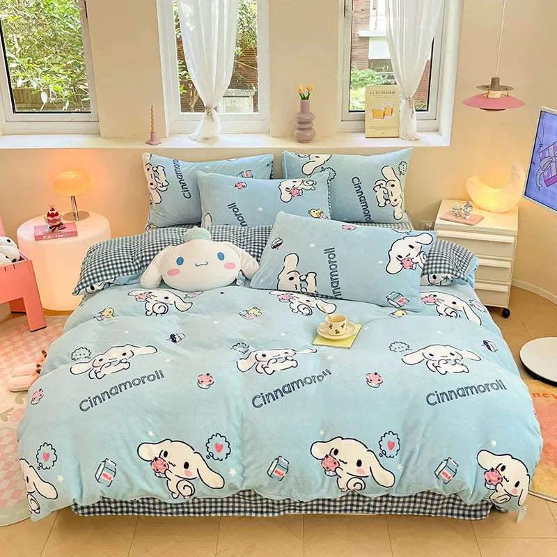 Winter Milk Velvet Bedding Set Hello Kitty Melody Kuromi Thickening Warm Flannel Queen Duvet Cover Bed Sheet Pillowcase