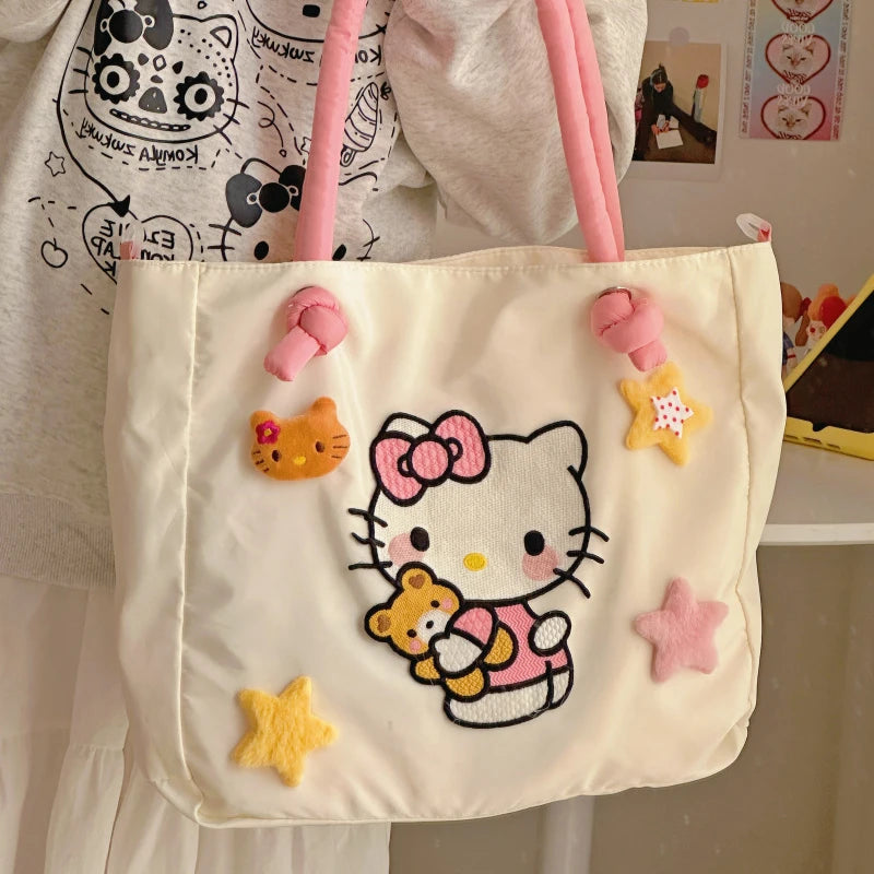 Hello Kitty Womens Tote Bag Embroidery Nylon Large Capacity Cute Cartoon Shoulder Bag Casual Commuter Travel Female Handbag