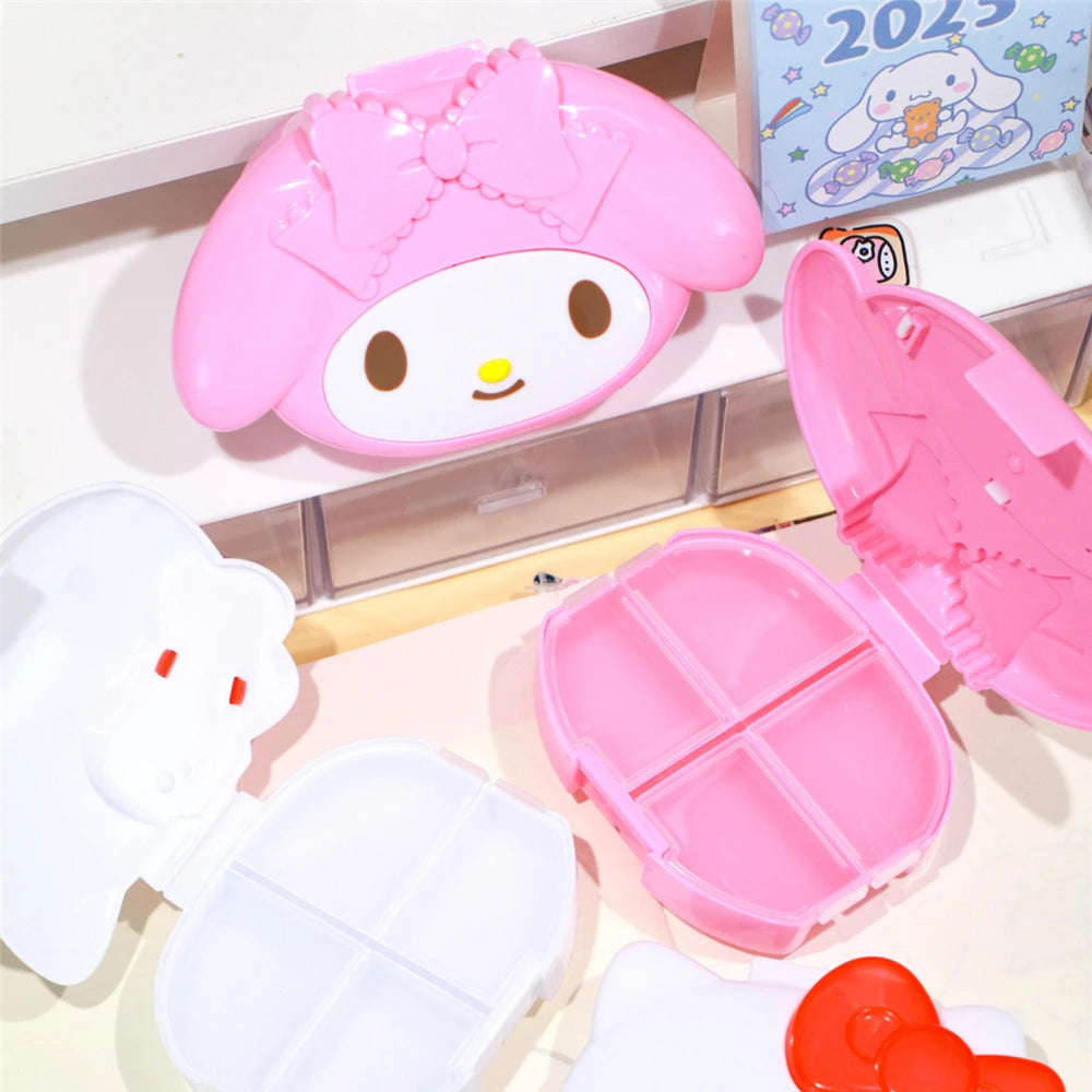 Mini Portable Pill Box Cartoon Hello Kitty Melody 4Grids  Cute Storage Box Travel Small Tablet Box Container for Medicine