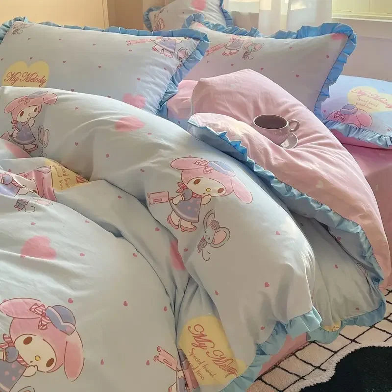 Hello Kitty Cinnamoroll My melody Kuromi new cute cartoon active printing pure cotton edge quilt cover bed sheet three-piece set