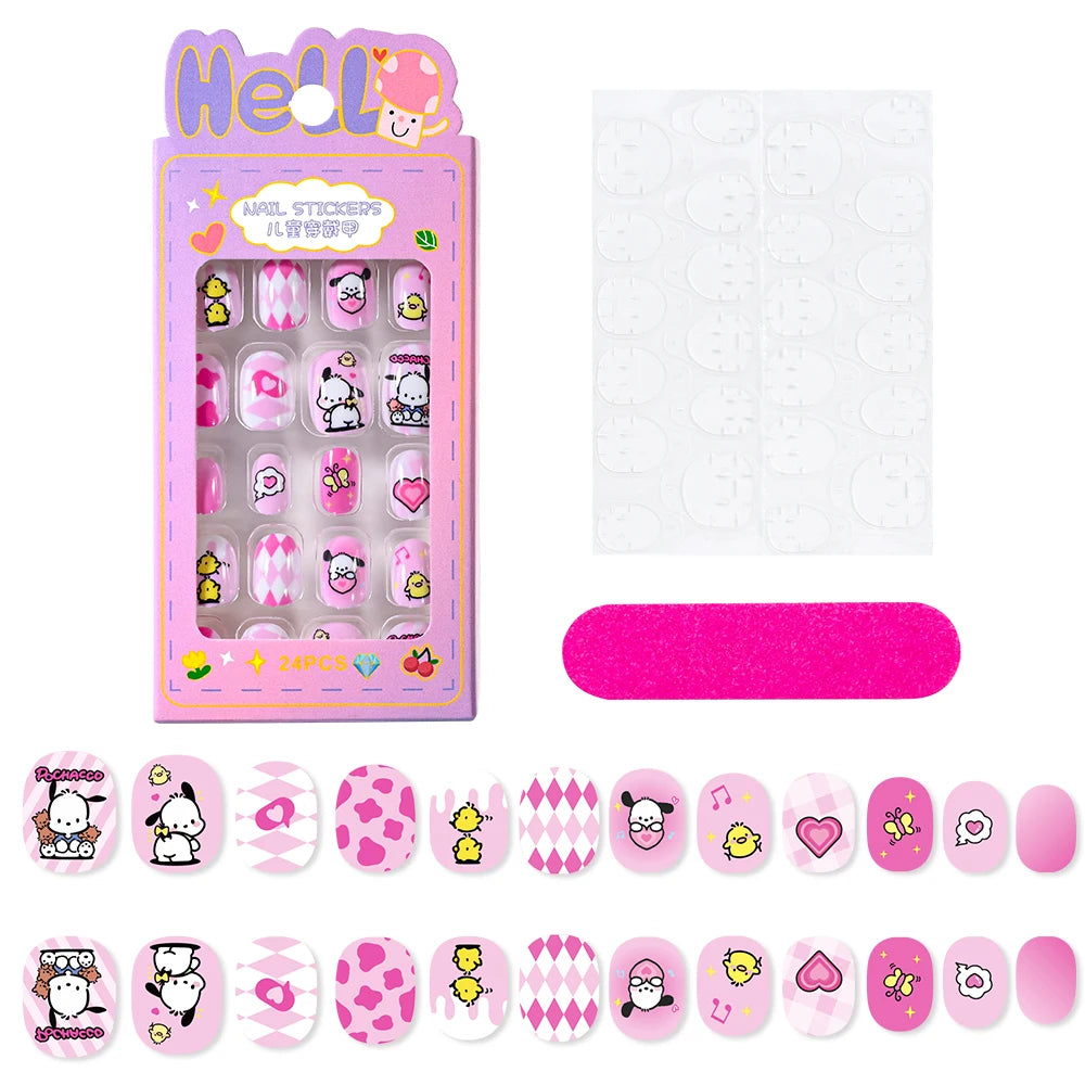 24Pcs Cartoon Hello Kitty Press on Nails Sanrio Series Pink/Blue/Purple Kuromi Kawaii Fake Nail for 6 years+ School Girl