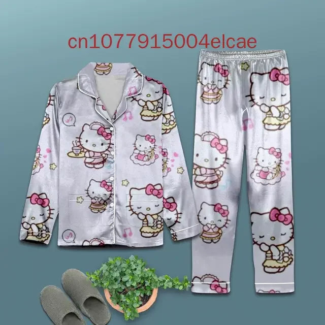 2025 New Hello Kitty Pajama Set 3d Printed Casual Men's and Women's Long Sleeve Shirt Pajama Set Hellokitty Family Pajamas Set