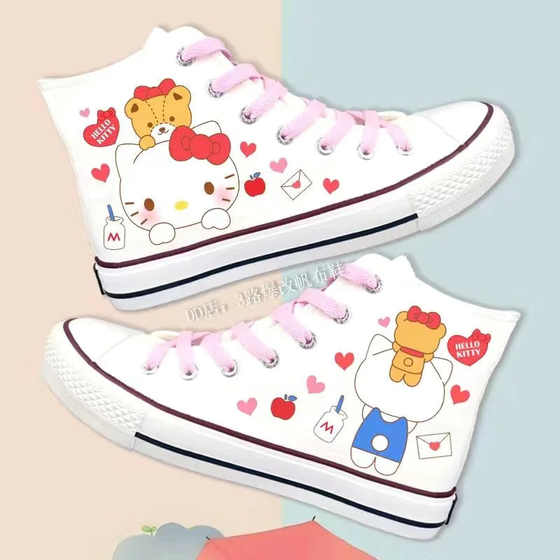 Kitty Lolita Shoes High Top Canvas Shoes for Women Hello Kitty Printed Student Casual Flat Sneakers 2024 New Women Shoes