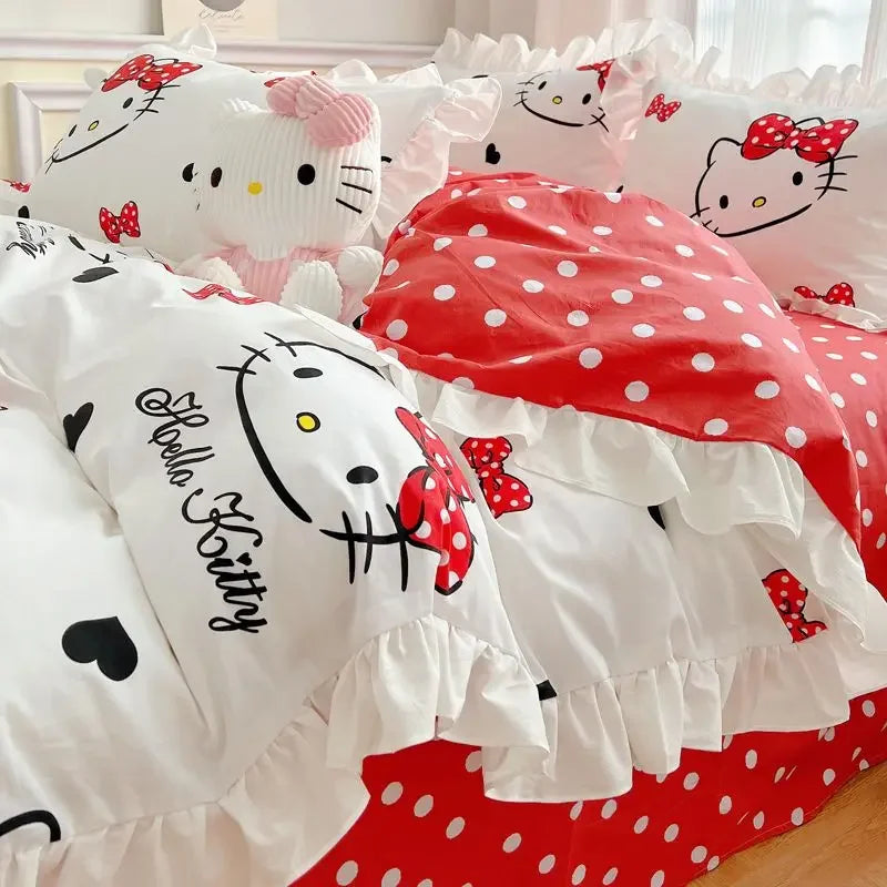 Hello Kitty Cinnamoroll My melody Kuromi new cute cartoon active printing pure cotton edge quilt cover bed sheet three-piece set