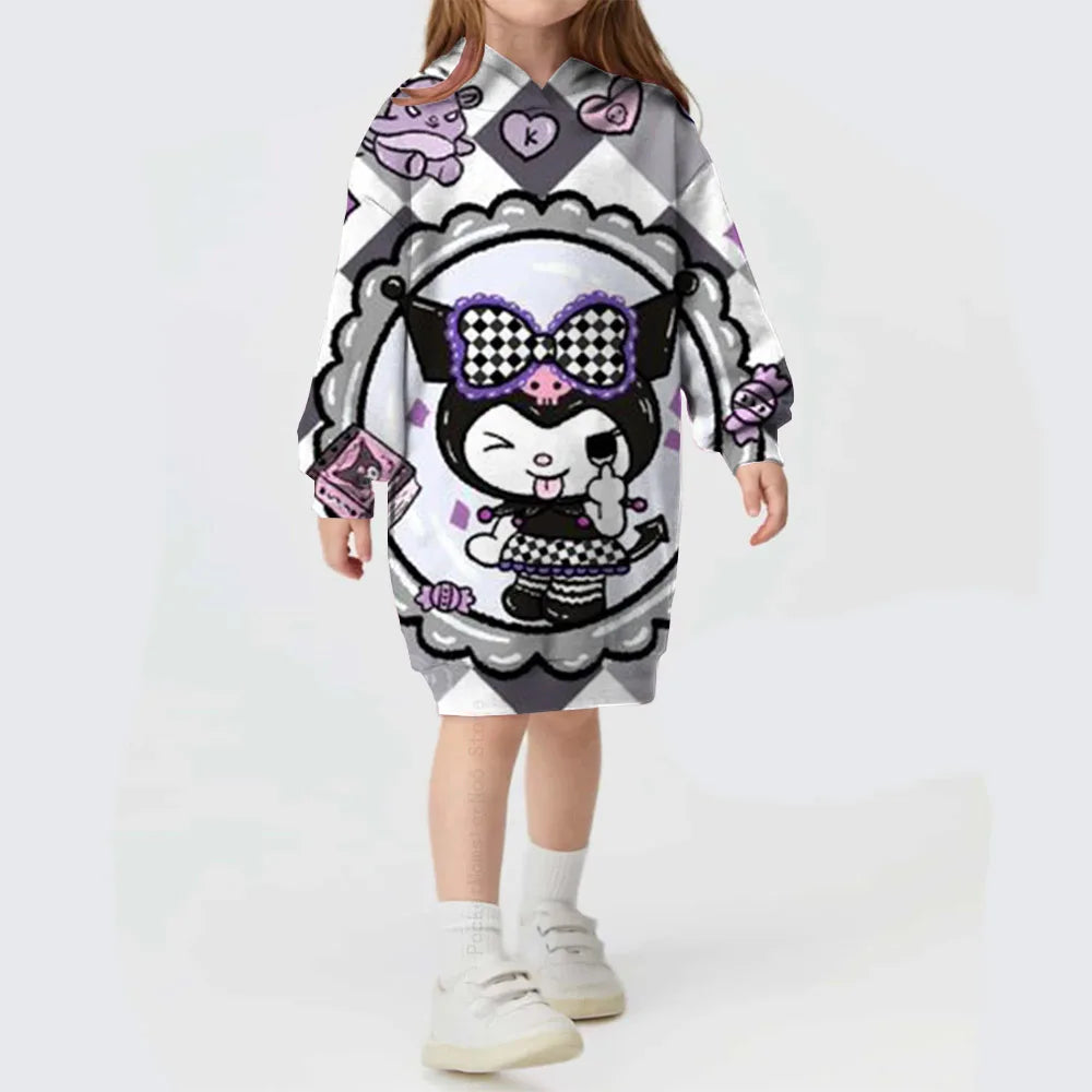 Winter Autumn Kids Girl Dress Hooded Children's Clothing Hello Kitty Kuromi print Loose Dress Long Sleeve Toddler Girl Outerwear