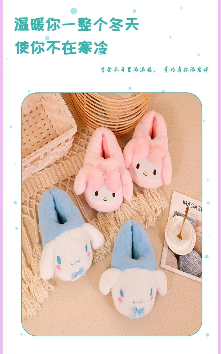 Cartoon Sanrioed Kuromi Hello Kitty Y2K Plush Slippers Women Melody Cinnamoroll Anime Kawaii Winter Home Cotton Shoes Soft Girl