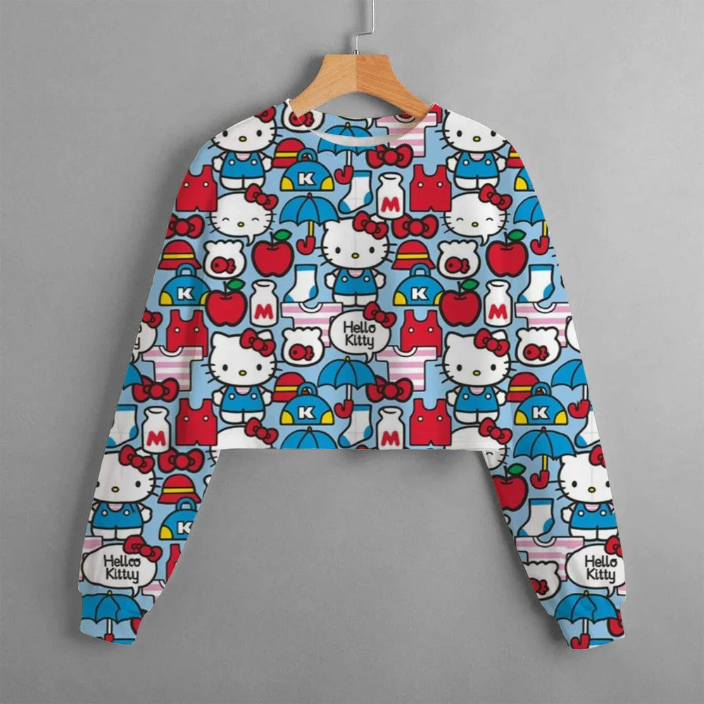 Girls' Short O Neck Long Sleeve Top Hello Kitty Cartoon Balloon Print Girls' Clothing Spring And Autumn Pullover Casual Children