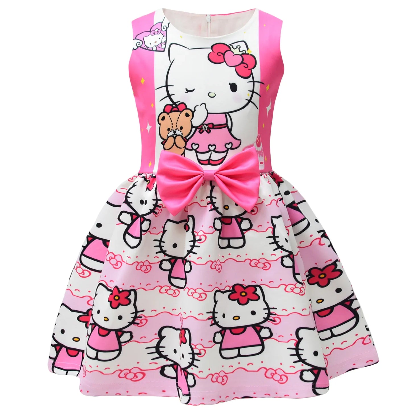 Hello Kitty Cartoon Printed Net Yarn Short-Sleeved Pleated Dress for Girls Birthday Party Princess Costume Children's Prom Dress