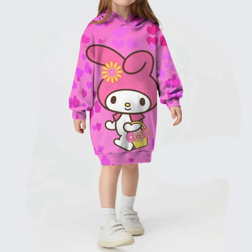 Autumn/winter Children's Hello Kitty Kuromi print Sweater Clothes Suit Hooded Solid Color Fashion Sweater Dress Comfortable