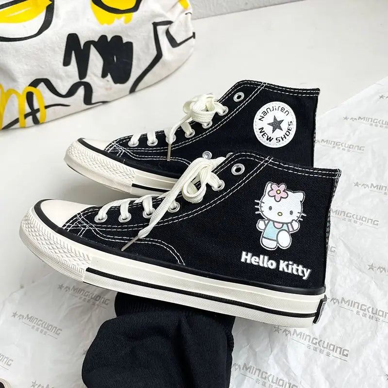 Kawaii Hello Kitty High Tops Canvas Shoes Women Student Cartoon Graffiti Skateboard Shoes Girl Preppy Versatile Sneakers