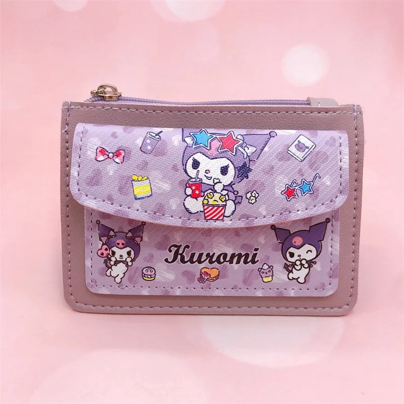 Kawaii Cartoon PU Leather Wallet Anime Hello Kitty Cinnamoroll Kuromi Casual Short Wallets Cute Card Holder Coin Purse