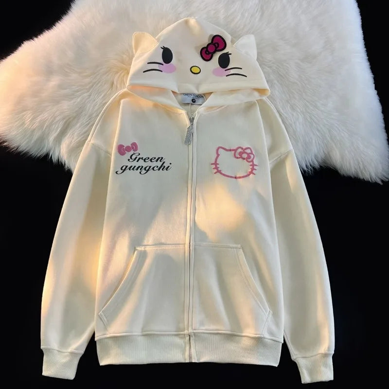 Cute Hello Kitty Cardigan Coat Female Loose Student Oversized Hoodie Gothic Zip Up Hoodie Kawaii Clothes Y2k Sweatshirts