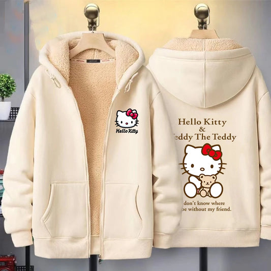 Hello Kitty Women's Zipper Hoodie Autumn and Winter New Cute Kawaii Pattern Sweatshirt Streetwear Girl Lady Clothing Coat