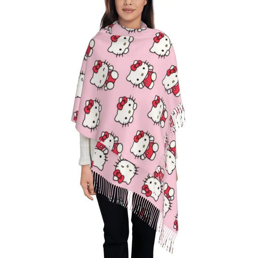 Customized Lady Long Hello Kitty Pattern Scarves Women Winter Fall Thick Warm Tassel Shawl Wraps Sanrio Scarf