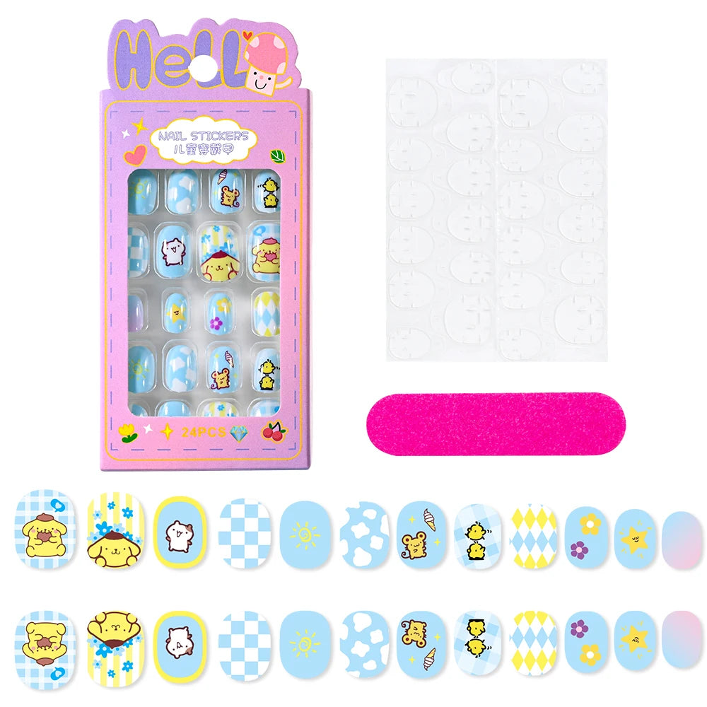 24Pcs Cartoon Hello Kitty Press on Nails Sanrio Series Pink/Blue/Purple Kuromi Kawaii Fake Nail for 6 years+ School Girl