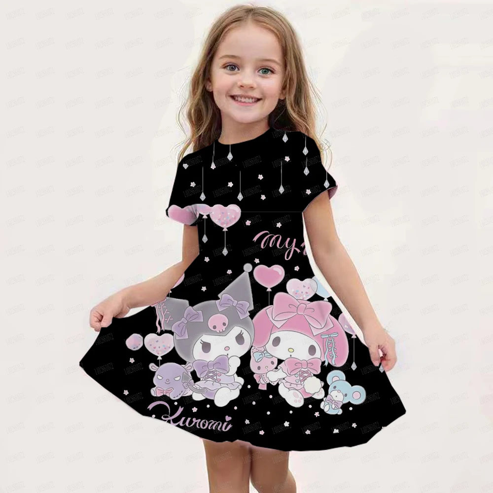 New Summer Girls Dress Fashion Cartoon Cute Cinnamoroll &Hello Kitty 3D Printing Dress Kid Short Sleeve Princess Clothing