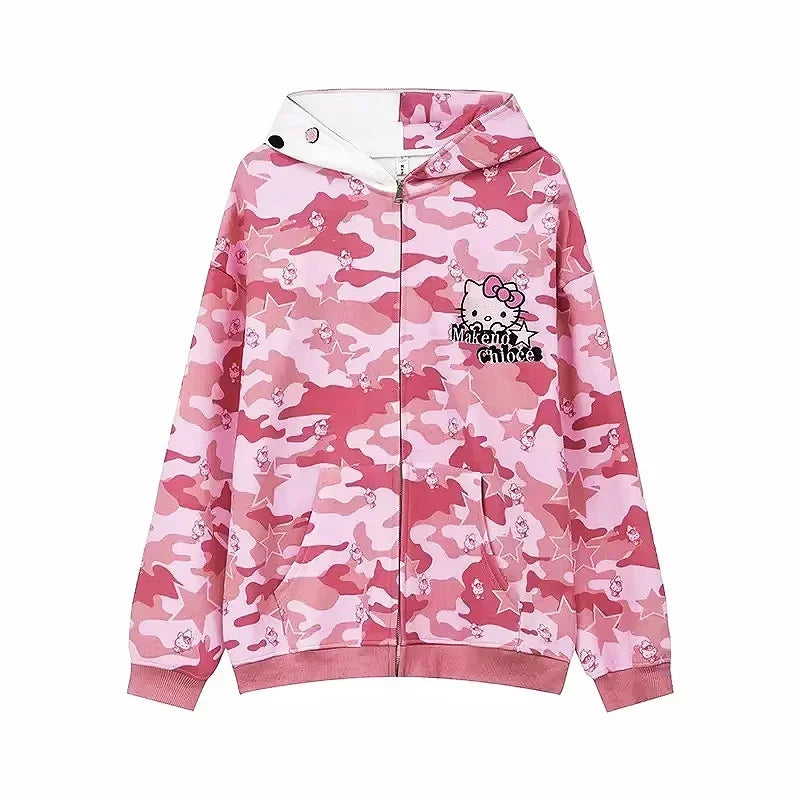 Cartoon Hello Kitty Hooded Zipper Sweater Kawaii Y2K Couple Cardigan pure cotton Camouflage Jacket Trendy Christmas Gift