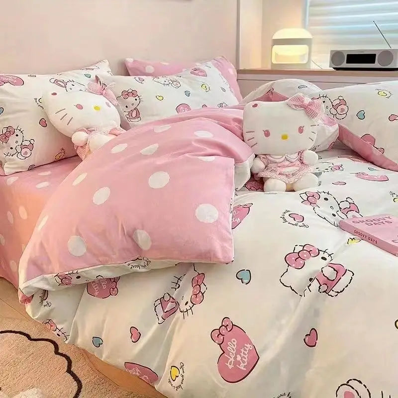 4Pcs/set Kawaii Anime Cartoon Hello Kitty Bedding Quilt Cover Student Bedding Soft Microfiber Bedspread Lightweight Coverlet