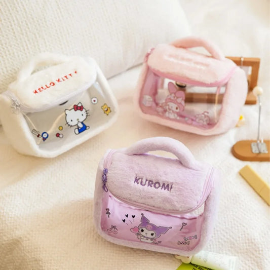 Plush Makeup Bag Kawaii Anime Hello Kitty Kuromi Melody Portable Large Capacity Storage Bags Cute Cartoon Cosmetic Bags