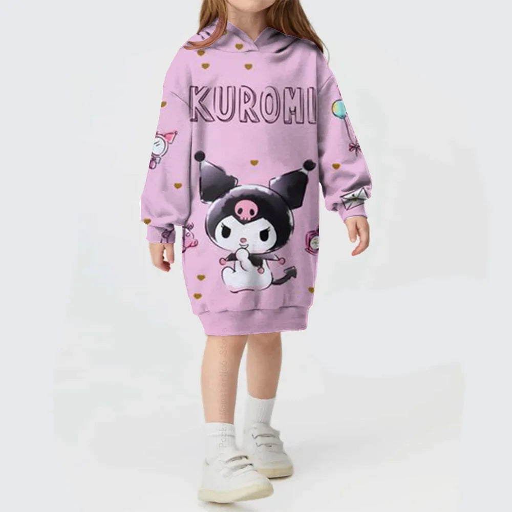 Autumn/winter Children's Hello Kitty Kuromi print Sweater Clothes Suit Hooded Solid Color Fashion Sweater Dress Comfortable