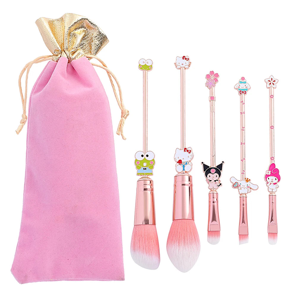 5Pcs/Set Kitty Cat Makeup Brushes Kawaii Cartoon Kuromi Foundation Blending Blush Concealer Eyebrow Powder Brush With Pouch