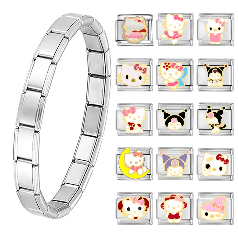 Hello Kitty Italian Links Charms Cute Cartoon KT Cat Beads Charm 9mm Stainless Steel Bracelet DIY Jewelry Making