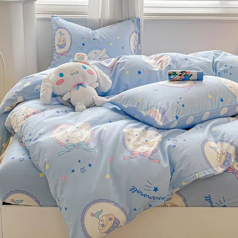 Kuromi Cinnamoroll My melody Hello Kitty Fashion Simple Cartoon Print Pure Cotton Bed Sheets and Quilt Covers Three Piece Set