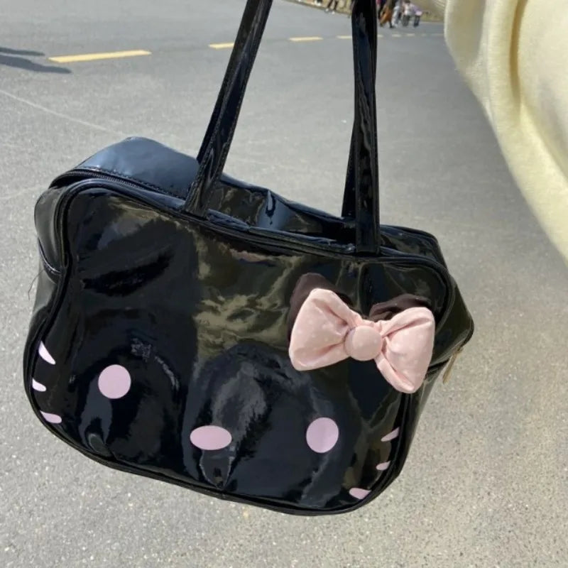 Hello Kitty Womens Shoulder Bag Black Leather Cute Bow Harajuku Fashion Cartoon Tote Bag New Style Casual Female Handbag