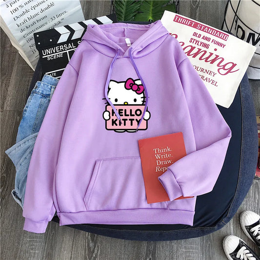 2025 New Casual Women's Sweatshirts Hello Kitty Kawaii Tops for Women Cute Hoodies Fashion Harajuku Long Sleeves Plus Siz