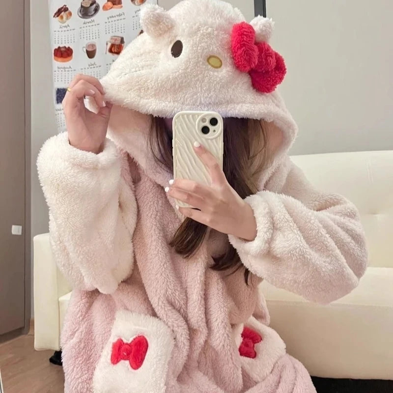 Miniso Hello Kitty Plush Fur Pajamas Robe Suit Anime Cartoon Homewear Winter Thickened Keep Warm Halloween Christmas Girl Gift