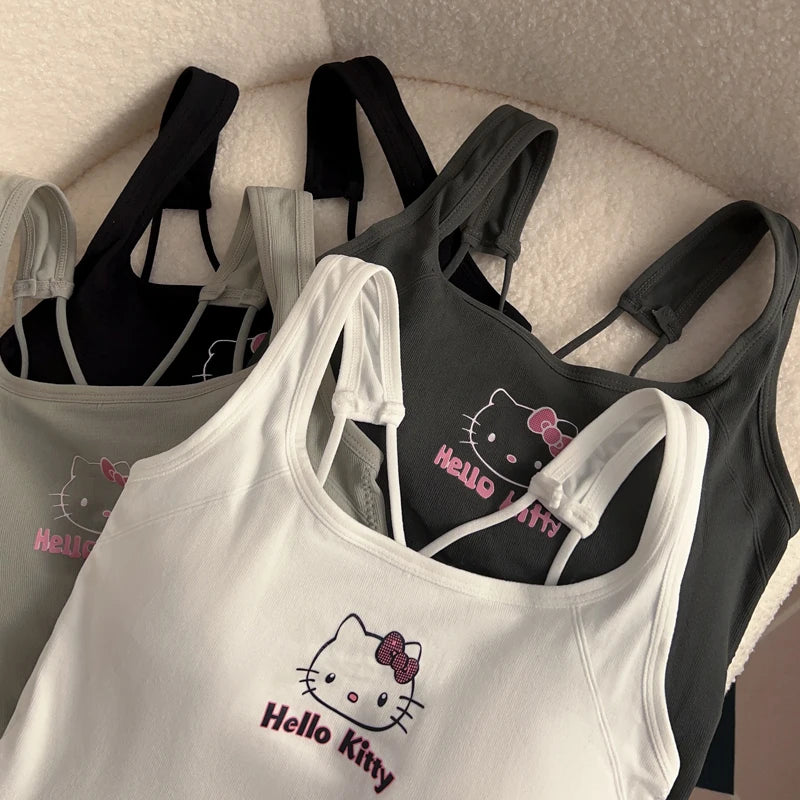 Sanrio HelloKitty Fashion Clothing  Y2K Top with Breast Pad Cute Top Girl Summer Cool Cropped Top White Sexy Suspender Girl Gift