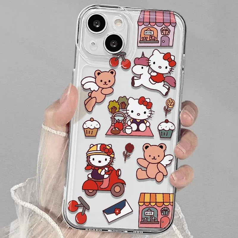 Hello Kitty Lovely Clear Phone Case For iPhone 16 15 14 13 11 12 Pro Max XS XR 14 15 7 8 Plus Y2K Girl Transparent  Cover