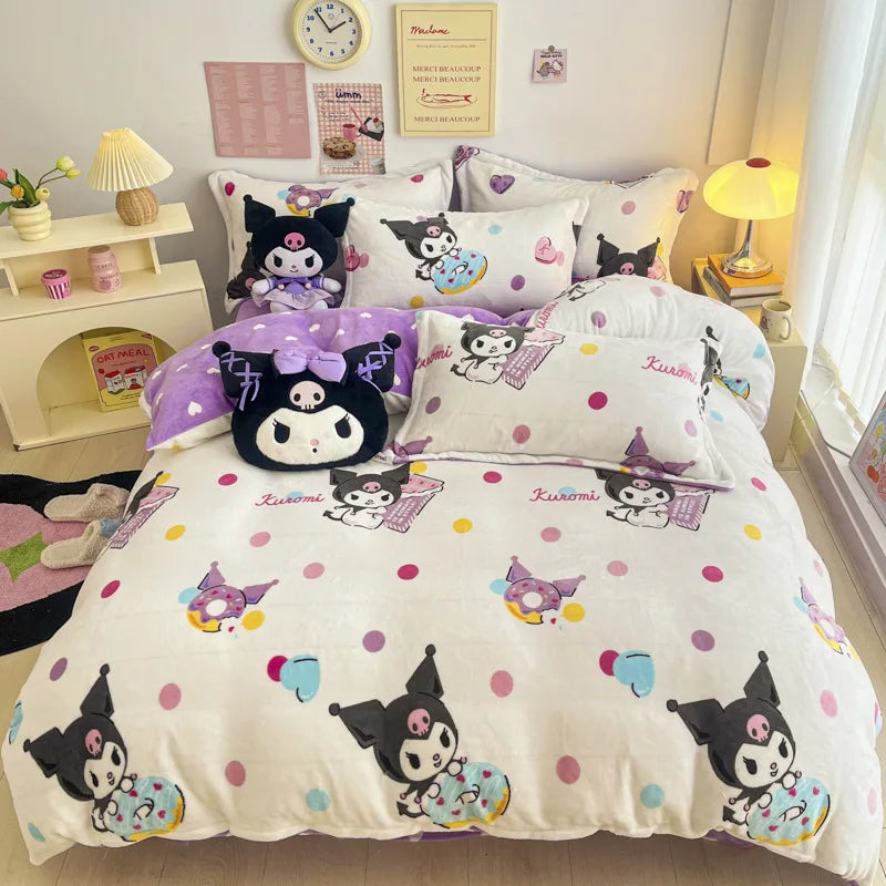 Double Sided Velvet Bedding Set Melody Kuromi Hello Kitty Winter Flannel Single Double Queen King Quilt Cover Bed Sheet