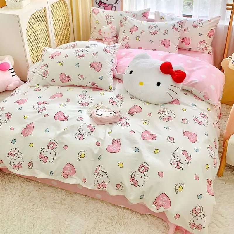 Cute Hello Kitty simple and sweet cartoon printed soft and comfortable pure cotton bed sheet and quilt cover three-piece set